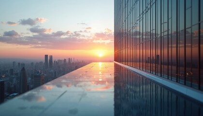 Poster - Skyscraper reflects sunset in downtown, glass wall texture. Modern building abstract architecture, contemporary luxury home, perspective urban landscape. Hi-tech environmentally friendly sustainable