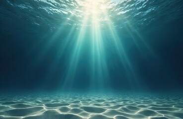 Aufkleber - Dramatic underwater view with sunbeams shining through ocean water. Sunlight rays through surface creating refraction. Tropical sea scene. Underwater sand with wave pattern, texture. Mystique of deep