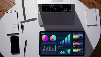 Poster - Financial data analysis unfolding across multiple digital devices on minimalist white round workspace, capturing modern business technology and strategic planning workflow in sleek slow motion