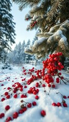 red berries scattered on the snow-covered ground beneath a frosty fir tree, winter forest, serene en
