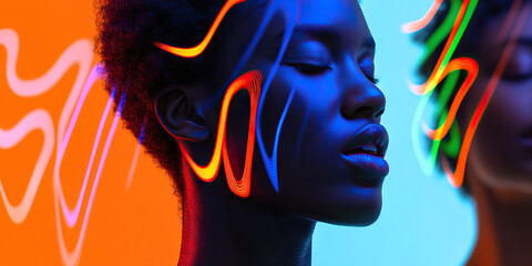 Poster - Portrait of Woman with Neon Light Streaks