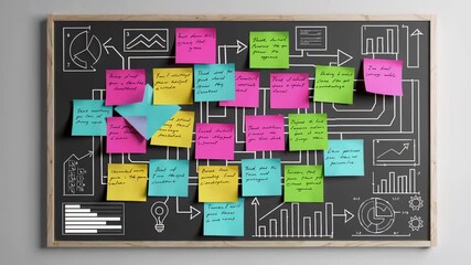Poster - Colorful sticky notes attached to a blackboard illustrate a business plan, showing a dynamic process of development and refinement in slow motion