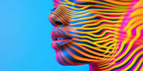 Poster - Profile Portrait with Multicolored Striped Face Paint