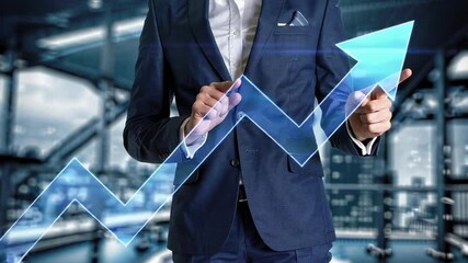 Fototapete - Experienced businessman in formal suit slowly touching upward glowing virtual graph arrow, representing financial success and strategic business growth potential