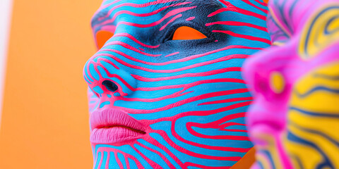 Poster - Close-up of Faces with Blue, Pink, and Yellow Striped Paint