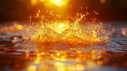 Poster - A dynamic splash of golden water captured mid-motion, reflecting warm golden light