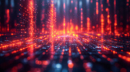 Poster - A high-tech digital cityscape made of glowing orange and red data streams, resembling a futuristic network
