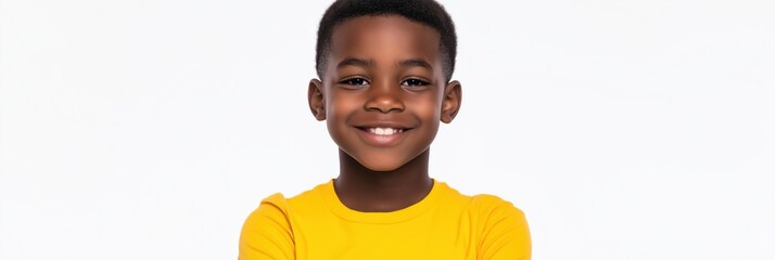 Wall Mural - A young boy is smiling and wearing a yellow shirt. He is posing for a picture. Concept of happiness and warmth