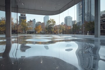 Poster - Mirrored room reflections urban landscape modern architecture serene environment ground-level view creative concept
