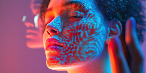 Poster - Close-up Portrait of a Person with Digital Mesh Overlay