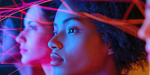 Poster - Woman's Face with Intersecting Lines and Background Figures