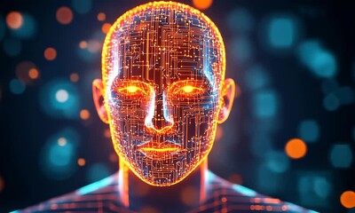 Poster - Glowing Circuit Pattern on Human Face, Dark Background with Bokeh