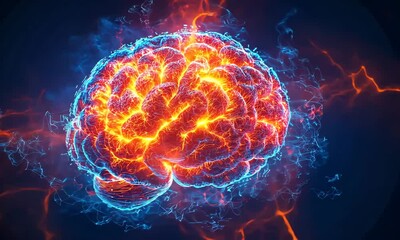 Poster - Glowing Digital Brain with Red and Blue Energy