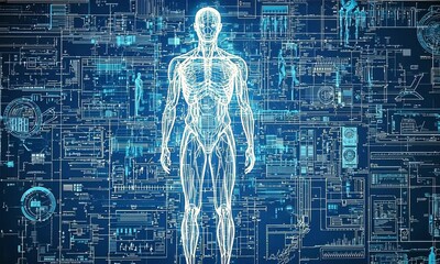 Poster - Glowing Human Anatomy Model in Blue Digital Data Stream Background