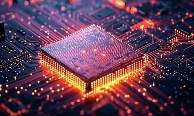 Poster - Glowing Orange CPU on Dark Circuit Board