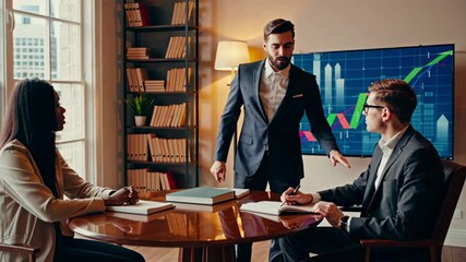 Aufkleber - Business professionals collaborating during financial analysis, reviewing growth charts on screen in modern office setting with slow motion dynamics