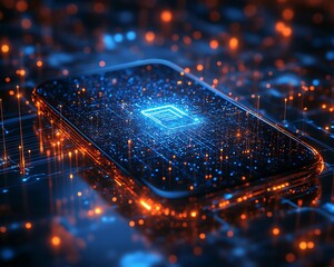 Digital chip, glowing circuits, data flow