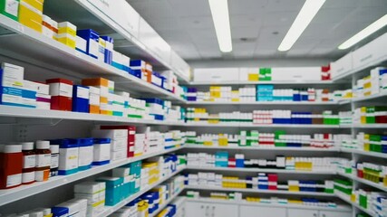 Poster - Professional pharmacist searching methodically through organized shelves, carefully selecting medication in bright, clean pharmaceutical environment during routine work process