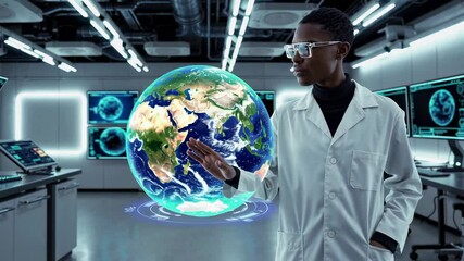 Aufkleber - Futuristic laboratory setting features a scientist interacting with a holographic projection of earth, rotating and manipulating the globe with hand gestures in a slow motion sequence