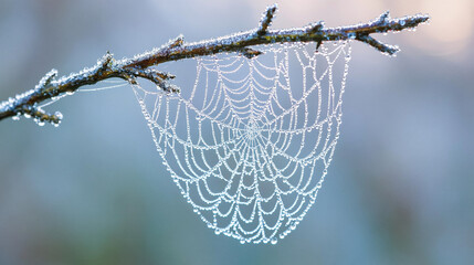 Dew-covered spider web on twig at sunrise, highlighting intricate web patterns and glowing water droplets in soft morning light.