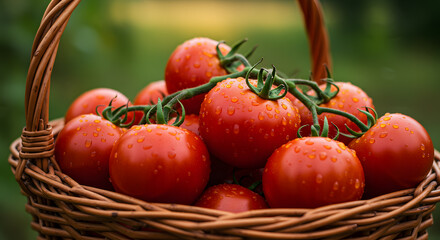 Wall Mural - A wicker basket filled with fresh, ripe tomatoes covered in water droplets, set against a blurred green background, suggesting a garden setting.