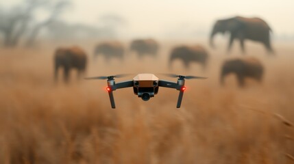 a stunning view of a drone flying amidst a herd of elephants in a misty setting, symbolizing the int