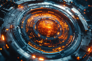 Poster - close-up of a complex technological structure resembling a part of a space device or cybernetic system.  