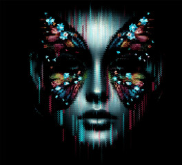 Aufkleber - Digital artwork depicting an abstract human face with butterfly-shaped patterns around the eyes. The design uses vibrant colors and pixelated effects, creating a surreal and artistic look.