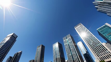 Poster - Sunlight streaming across gleaming glass skyscrapers, revealing architectural grandeur with dynamic slow motion perspective highlighting urban corporate landscape
