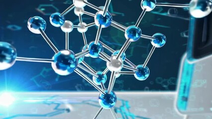 Leinwandbilder - Complex molecular structure, composed of blue and white spheres connected by silver rods, rotates slowly against a blue backdrop with subtle scientific diagrams