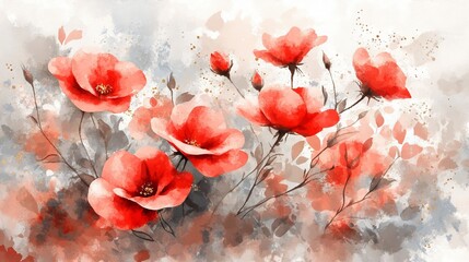 Canvas Print - Red Poppies and Gold Watercolor Art, Delicate Floral Illustration, Pastel Tones, Dreamy Background