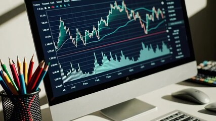 Poster - Financial data analysis visualized through slow motion sequence displaying stock market information, calculator, and colored pencils on white desk