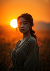 A portrait of an east asian woman standing in a field with the golden glow of the setting autumn sun East Asian china japan japanese asian korea korean taiwan east asia singapore singaporean chinese t