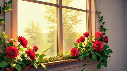 Poster - A window with a bunch of red roses in it. The roses are in a vase and are placed on the window sill
