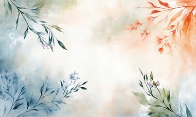 Wall Mural - A watercolor painting of leaves and flowers with a blue and green background