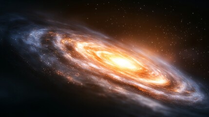 spiral galaxy in deep space glowing with orange and blue light against dark starry background. andro