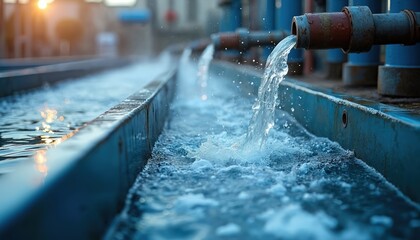 Aufkleber - Water flows from rusty pipes into long blue concrete basins at industrial plant. Wastewater purification process, water treatment technology at factory, clean water supply. Eco friendly solution