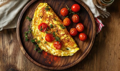 Wall Mural - A plate of food with a large omelet and tomatoes on top