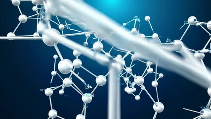 Poster - White molecules rotating slowly against a blue gradient background in a split screen montage, creating a scientific and technological atmosphere