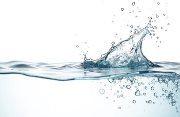 Leinwandbilder - Water splash with bubbles on white background. Clean, refreshing water concept. Liquid motion with transparent droplets. Perfect for beverage ads, spa or wellness projects, hydration themes.