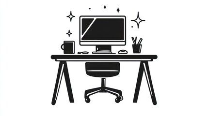 Poster - Simple Workspace Illustration with Computer, Showing a Clean Workspace
