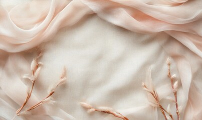 Fototapete - A white background with a pink fabric and two branches of flowers