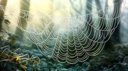 macro shot of a spider's intricate web glistening with morning dew against a background of soft sunlight filtering through trees. macro shot, spider, web, morning dew, sunlight, trees, intricate, 