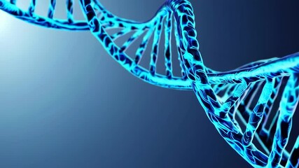 Poster - Rotating blue double helix structure revealing intricate genetic details from multiple perspectives, highlighting molecular complexity of deoxyribonucleic acid against uniform blue backdrop