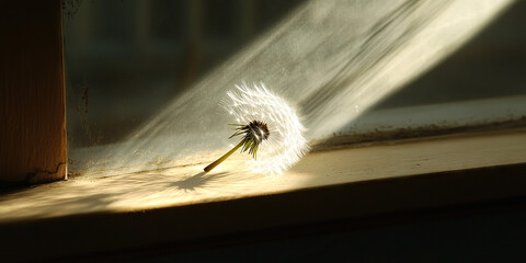 Canvas Print - Dandelion Seed Head on Windowsill in Sunlight