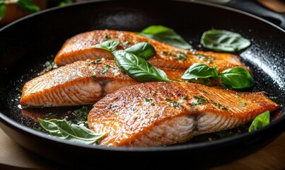 Wall Mural - Three pieces of salmon are in a pan with some green herbs