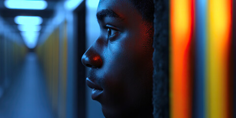 Poster - Profile Portrait of Young Man in Lighted Hallway