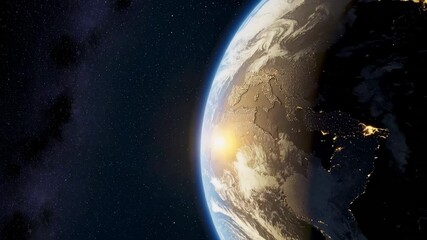 Poster - Rotating planet earth revealing vibrant sunrise illuminating europe and africa with gradual sweeping motion across atmospheric landscape, showcasing celestial geographic beauty