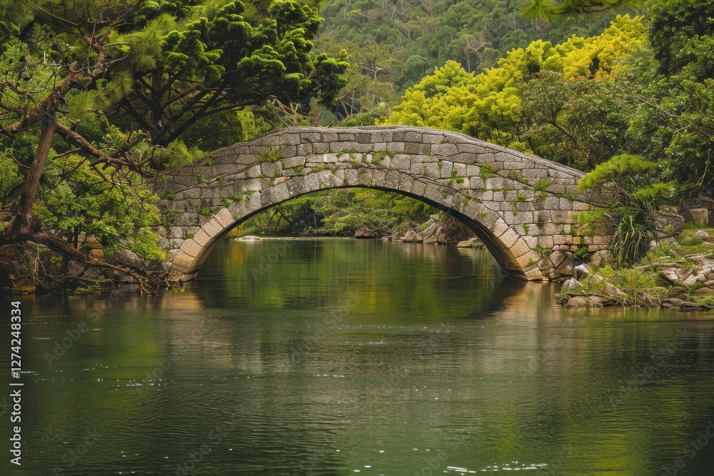 Serene stone bridge over tranquil waters surrounded by lush greenery in ...