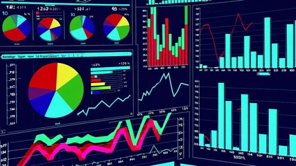 Fototapete - Multiple digital displays present colorful pie charts, bar graphs, and line plots, illustrating dynamic financial data analysis and market trends in slow motion